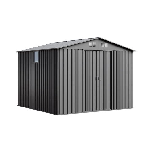 Domek narzędziowy metalowy NORDVIC Magni 283x189 cm + przesuwne Drzwi 182 cm, Ocynkowany, Dwuspadowy Dach, Wentylacja, Light Grey